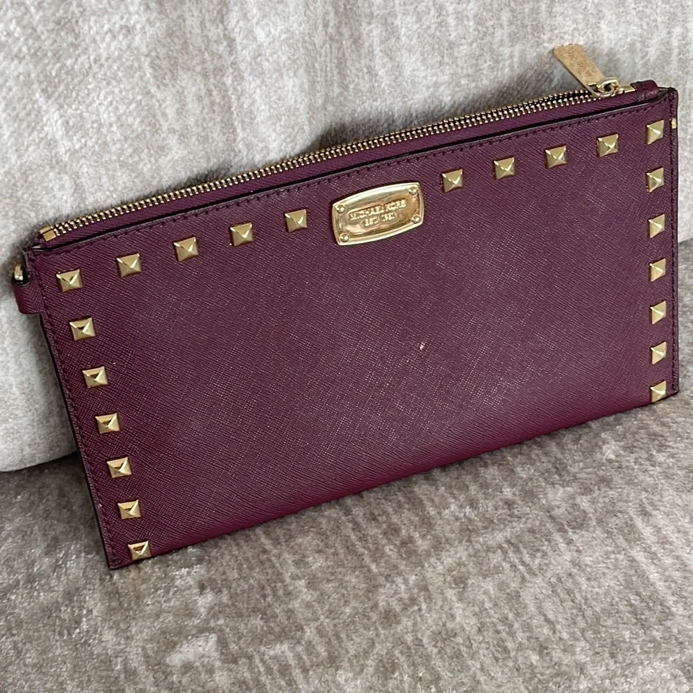Michael Kors cherry Saffino Leather stud gold pyramid wristlet NWOT